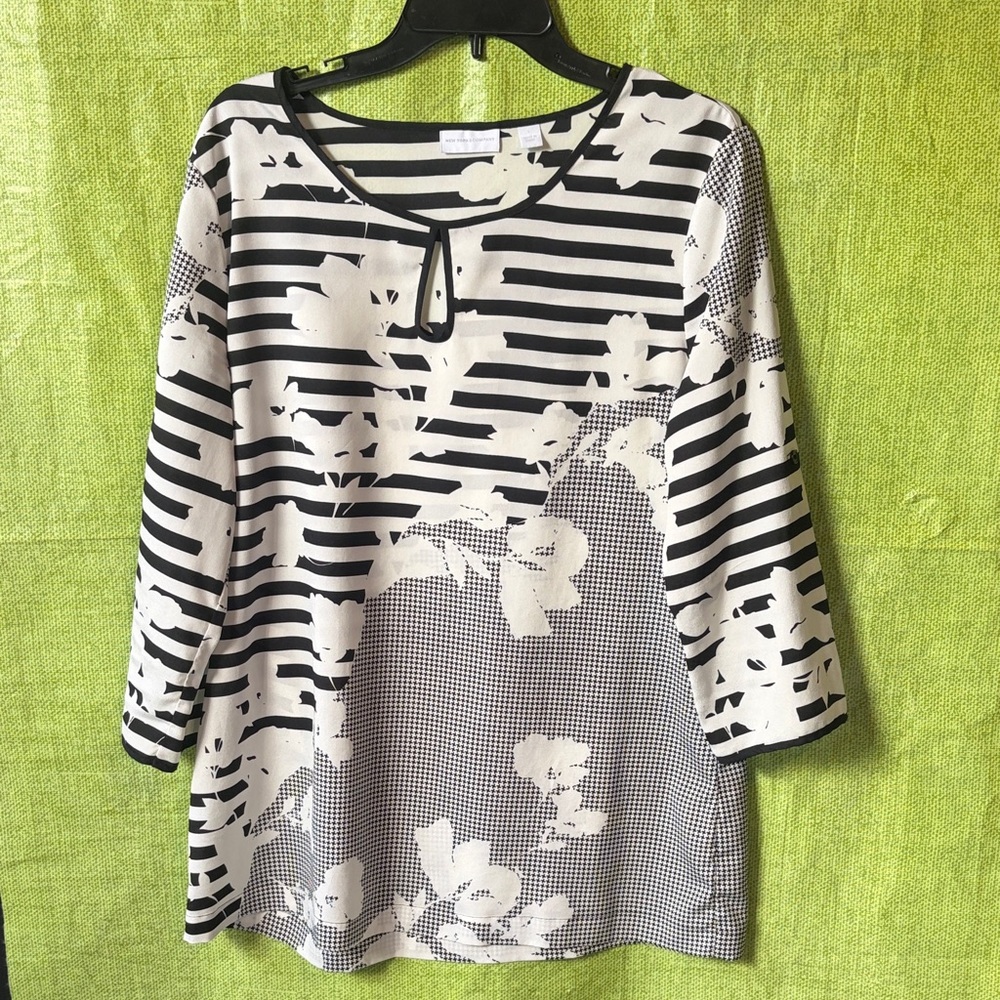 New York & Company Black and White Floral Striped Blouse